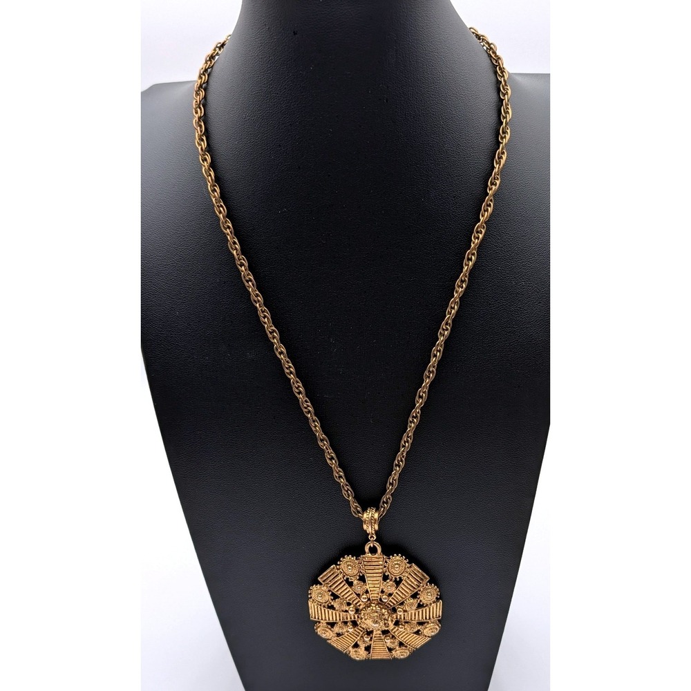 Hollycraft Vintage Gold Tone Brutalist Sunburst Medallion Pendant Necklace